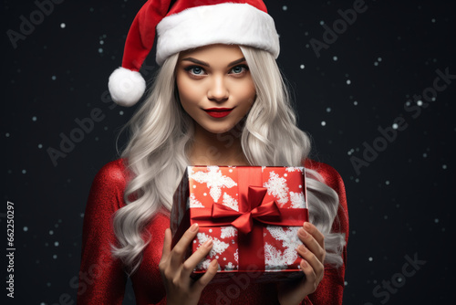 Beautiful young woman in red dress and santa hat holding gift box, dark background, space for text