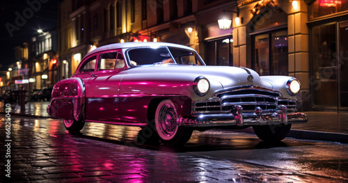 Classic Beauty on Cobblestone Streets. Neon Lights Illuminate Timeless Elegance. Generative AI