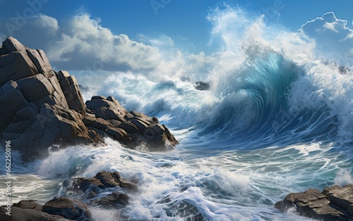 The dramatic and powerful surge of ocean waves crashing against the rugged rocky shores. Generative AI