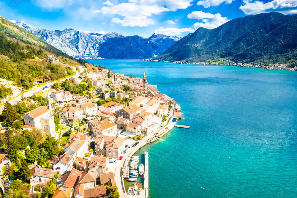 Scenic town of Perast in Boka Kotorska bay aerial view