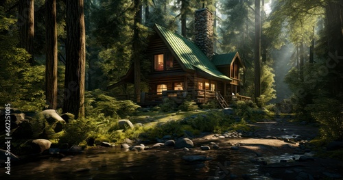 A secluded cabin in the woods, representing a peaceful getaway into nature. Generative AI © Gasspoll
