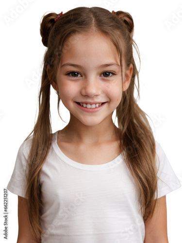 A girl wearing a white shirt smiling and looking at the camera, Happiness concept, isolated, transparent background, no background. PNG.