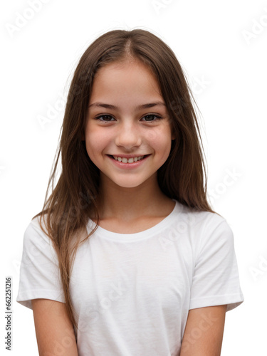 A girl wearing a white shirt smiling and looking at the camera, Happiness concept, isolated, transparent background, no background. PNG.