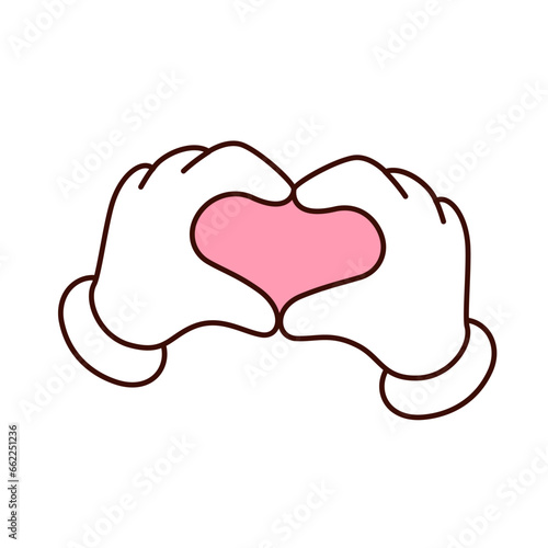 Groovy hands in heart gesture vector illustration. Cartoon isolated retro happy love emoji for Valentines Day, two arms of character making heart with fingers, funny romantic emoticon for chat