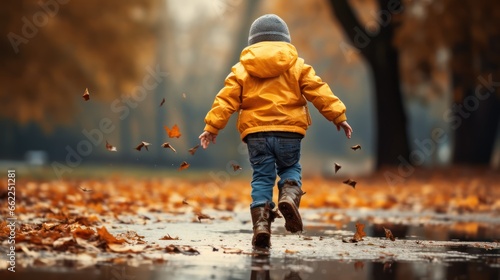 Back View. Happy little kid boy jumping on rainy puddle in autumn park. Generative AI