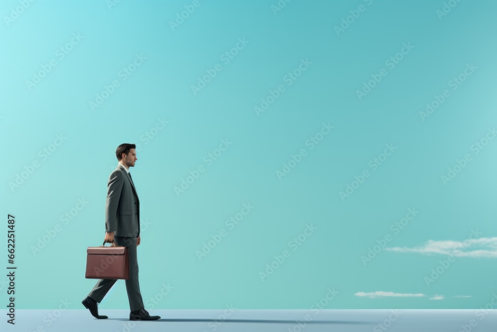 A man in business attire, carrying a briefcase and walking with a simple backdrop