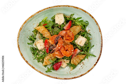 Salad with tiger shrimps and herbs with cheese, isolated dish for the menu.