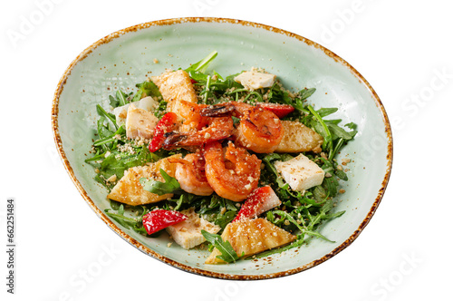 Salad with tiger shrimps and herbs with cheese, isolated dish for the menu.