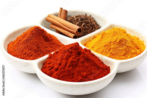 Ground paprika, curry and cinnamon on a white background