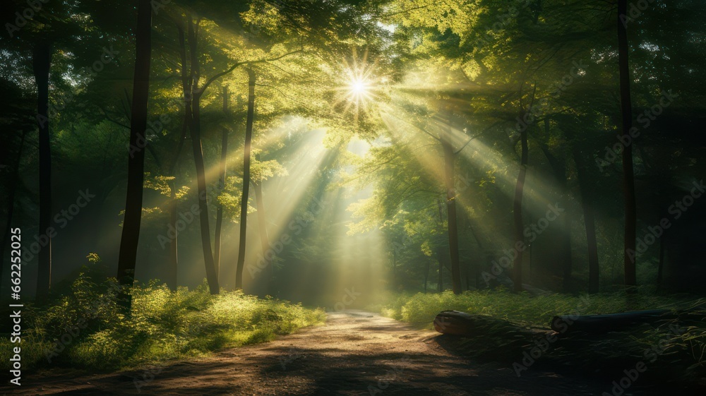 Naklejka premium Thin sunrays shining in the middle of a deciduous forest in springtime created with Generative AI