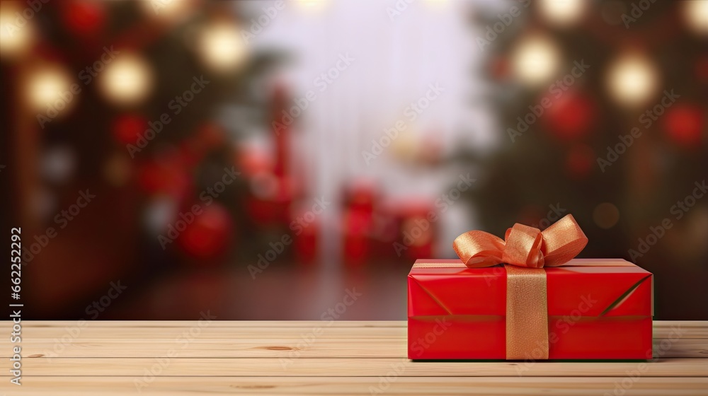 a red gift box with a gold bow on a wooden table. generative ai a red gift box with a gold bow on a wooden table. generative ai