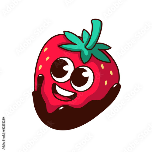 Groovy strawberry in chocolate character vector illustration. Cartoon isolated cute retro berry fruit sticker with funny smile on face, sweet love gift and strawberry dessert for Valentines Day