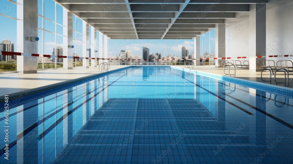 Empty Swimming Pool With Cityscape Through The Window. Generative AI