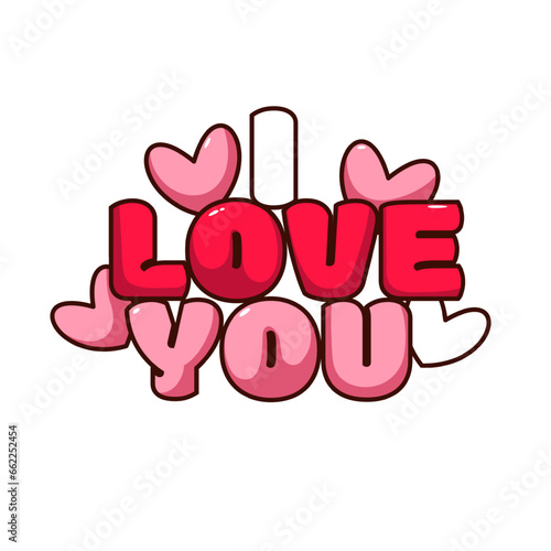 Groovy sticker with I Love You text vector illustration. Cartoon isolated retro psychedelic sticker for Valentines Day, cute white, pink and red letters of funny bubble hippie font and hearts