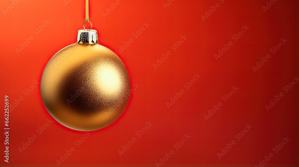 a gold christmas ornament hanging on a red wall. generative ai a gold christmas ornament hanging on a red wall. generative ai