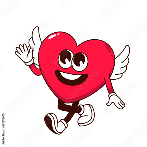 Groovy heart with wings character vector illustration. Cartoon isolated cute retro love emoji with arms and legs walking, heart emoticon with smile on psychedelic funny face waving, romantic mascot