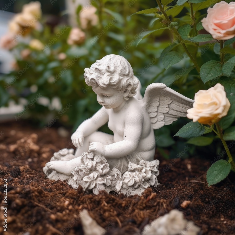 White plaster cherub among flowers. 