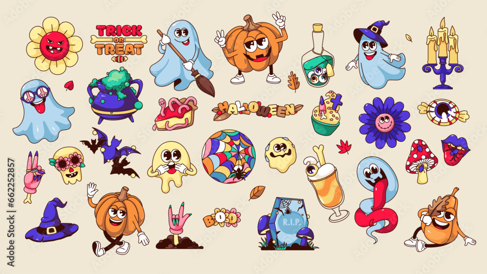 Groovy Halloween stickers set vector illustration. Cartoon isolated retro Halloween party sweet treats, trippy pumpkin and funky hippie flower, spooky ghost characters and witch hat, creepy potion Groovy Halloween stickers set vector illustration. Cartoon isolated retro Halloween party sweet treats, trippy pumpkin and funky hippie flower, spooky ghost characters and witch hat, creepy potion