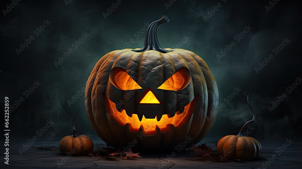 a carved pumpkin with a glowing face on a dark background. generative ai a carved pumpkin with a glowing face on a dark background. generative ai