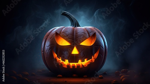  a pumpkin with glowing eyes on a dark background with smoke. generative ai