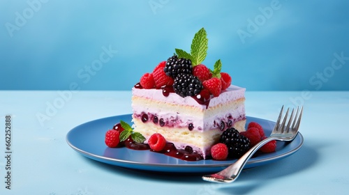  a piece of cake with berries and mint on a plate.  generative ai