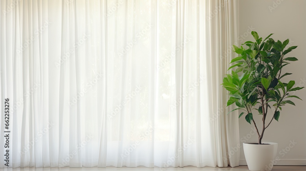 a potted plant in front of a window with white curtains. generative ai a potted plant in front of a window with white curtains. generative ai