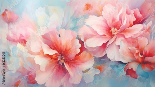  a painting of pink and white flowers on a blue background.  generative ai