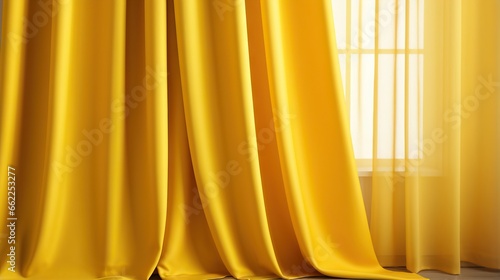  a yellow curtain with a window in the background and sunlight coming through it.  generative ai