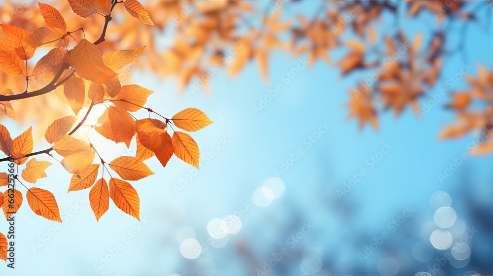  a tree branch with yellow leaves against a blue sky background.  generative ai
