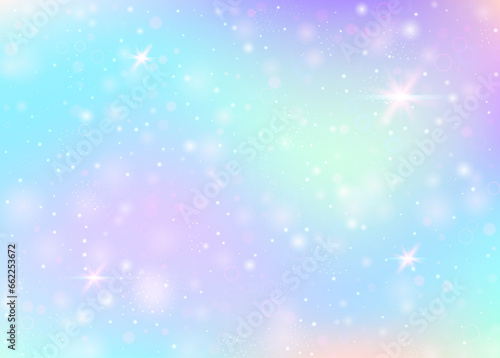 Fairy background with rainbow mesh.  Multicolor universe banner in princess colors. Fantasy gradient backdrop with hologram. Holographic fairy background with magic sparkles, stars and blurs.