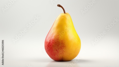  a yellow and red pear sitting on a white table top. generative ai
