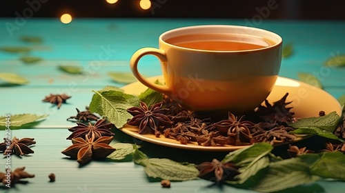  a cup of tea surrounded by leaves and star anise. generative ai