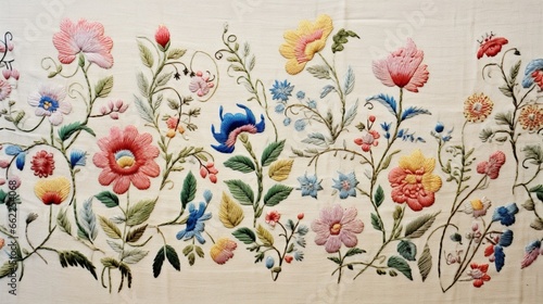 Linen fabric embroidered with floral designs.