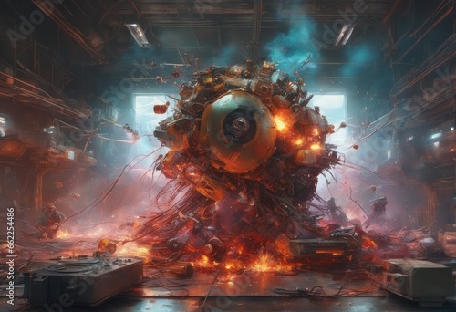 3d illustration of an alien sci - fi spaceship 3d illustration of an alien sci - fi spaceships large metal machine is being made with the bomb explosion. high quality photo