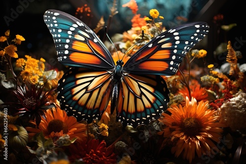 A Monarch butterfly in exquisite macro photography, its wings unfurled, displaying the intricate patterns of nature's artistry.