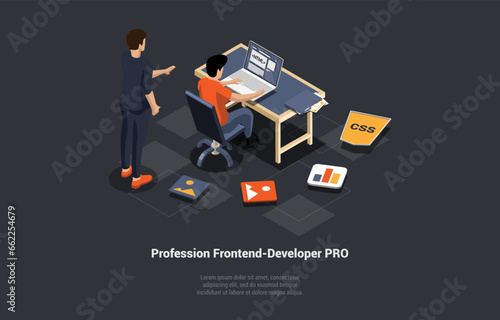 Software Development Coding Process. Programmer Frontend Developer Coding on Computer With Mentor Help. Screen With Code, HTML and CSS. Coder Engineer At Workplace. Isometric 3d Vector Illustration