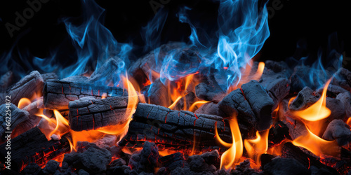 Close-up of burning flames fire  barbeque  grill. Banner