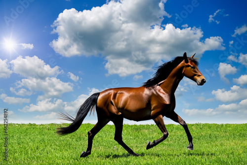 brown horse runs across a lawn field blue cloudy sky. AI GENERATE