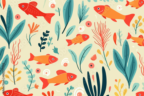 Fishing ponds and streams quirky doodle pattern, wallpaper, background, cartoon, vector, whimsical Illustration