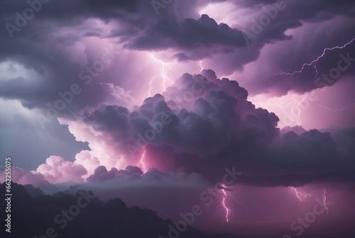 Lightning and stormy grey and pink clouds background. Created with Generative AI technology photo