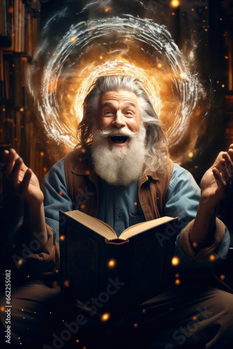 cheerful adult man, grandfather reads literature. magic and imagination from learning. is delighted with the training