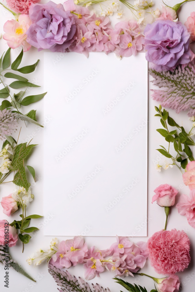 Bouquet of pink flowers and empty paper sheet from above. vintage card, top view, space for text, flat lay, mockup. Bouquet of pink flowers and empty paper sheet from above. vintage card, top view, space for text, flat lay, mockup.