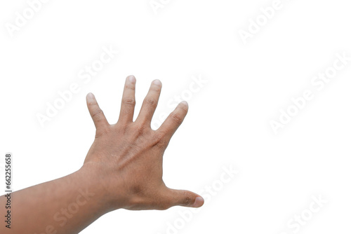 Human hand in picking gesture. man's hand reaches for something or holds something, fingers wide open. Isolate on a white background.