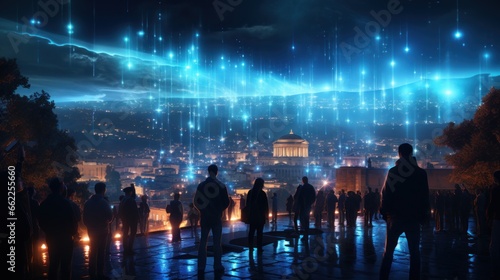 Wallpaper Mural Futuristic night landscapes of the city of the future. Glowing rays of energy, a crowd of people. Torontodigital.ca