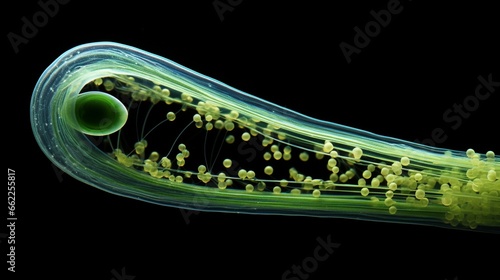 Microscopic image of green Euglena with visible flagellum.