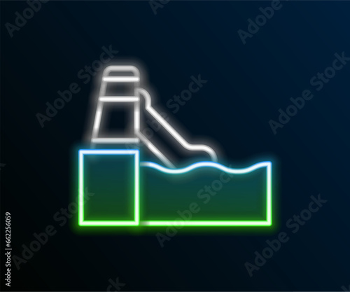 Glowing neon line Water slide with pool icon isolated on black background. Aquapark. Colorful outline concept. Vector