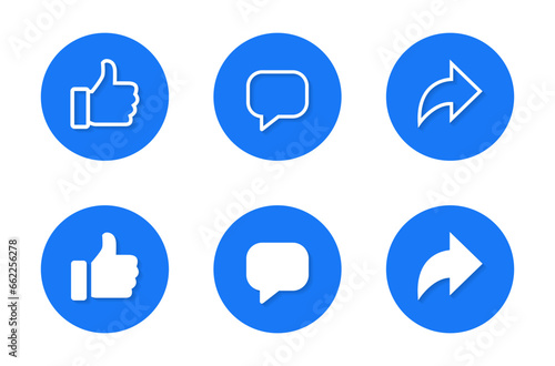 Like, comment, and share icon vector in flat style. Social media thumb up, speech bubble, and repost arrow sign symbol
