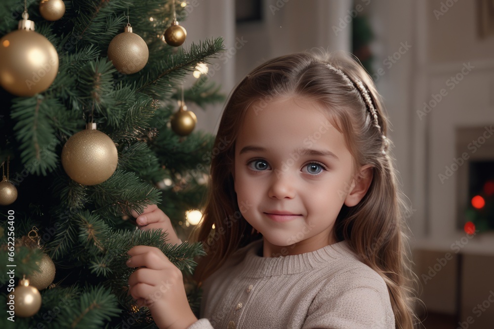 cute little girl decorating Christmas tree at home happy little girl in Christmas interior cute little girl decorating Christmas tree at home