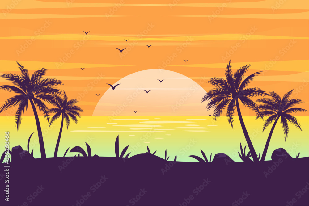 tropical summer beach sunset palm silhouettes concept landscape background