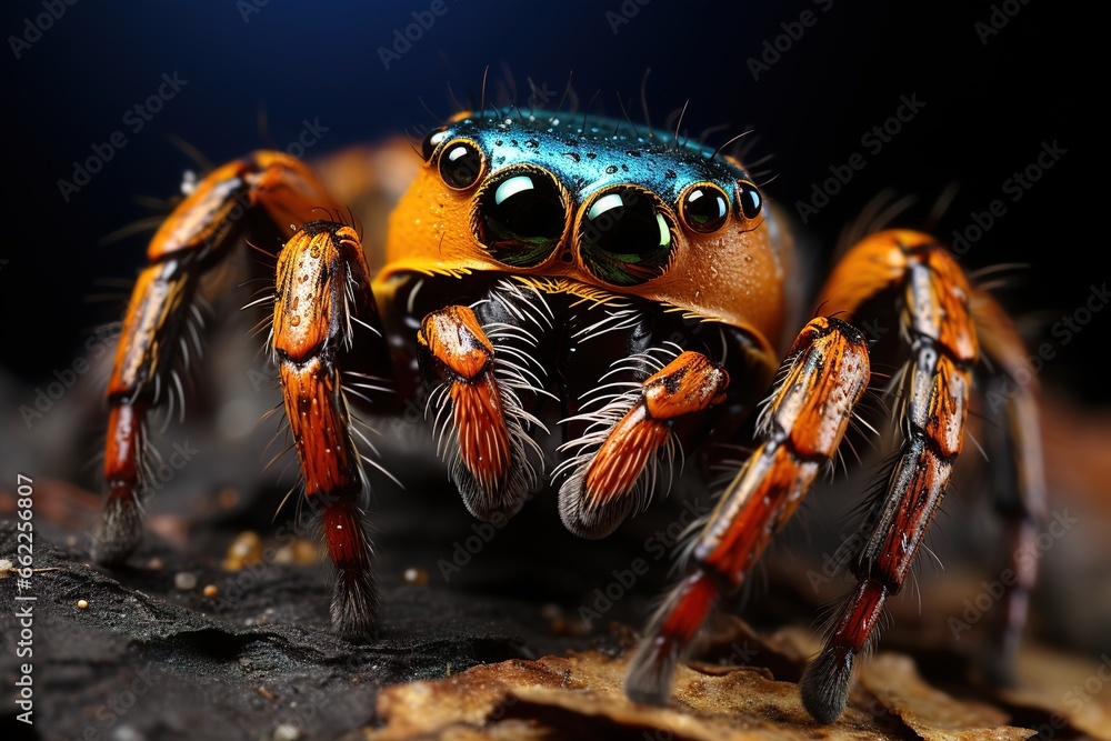 Fototapeta premium A single Purple-Gold Jumping Spider perched gracefully on a textured surface, magnified in macro photography, displaying its regal colors.